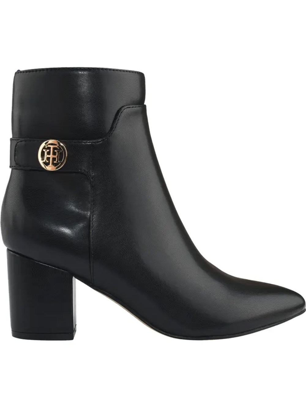 New Tommy Hilfiger Black Leather Monogram Block Heel Ankle Boot Gold Logo bootie